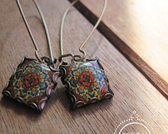 Mexican jewelry, Mexican Talavera tile pattern drop earrings, Southwestern style, Boho rustic rose, Mediterranean, Folk art jewelry