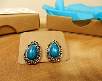 Turquoise Earrings, Droplet Studs, Antiqued Earrings