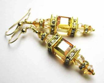 Light Golden Topaz Swarovski Cube Lantern Earrings on 14k Gold Fill Wires