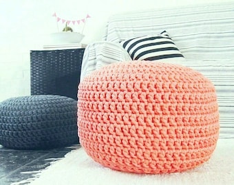 Coral Peach Large Ottoman, Nursery Footstool Pouf, Round Floor Pillow, Seating Cushion, Knit Pouffe