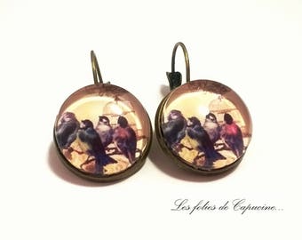 Stud Earrings Cabochon blue romantique• •oiseaux