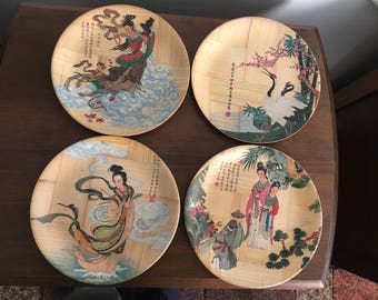 Set of 4 ~ Small Bamboo Dishes ~ Decorated with Historical Portraits and Paintings, Chinese Characters.