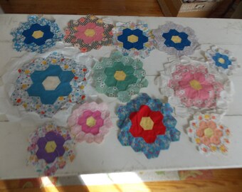 12 Vintage GRANDMA FLOWERS Quilt Pieces Various Sizes Prints Sew Crafts Create Art Collage Textile Hand Stitching Frame Pincushion