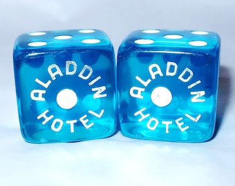 2 Blue ALADDIN HOTEL CASINo DICE Set Vintage Pair 11/16" Gaming Die Brilliant Clear Blue Silver Lettering One Spot Unique Gamer Lover Gift