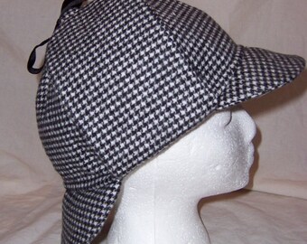 Deerstalker Hat, Black & White Houndstooth; Sherlock Holmes, Basil Rathbone-inspired