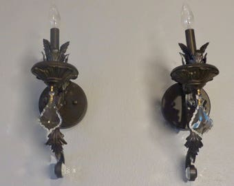 Vintage Pair of Sconce - Bronze and Crystal Sconces, Hollywood Regency
