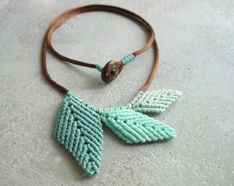 Leaf Necklace . Botanical Jewelry . Micro Macrame . Elven Natural Woodland Organic. Textile Fiber Jewellery . Design by raiz
