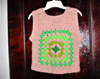 Vintage 60s Handmade Crochet Hippie Pullover Vest XL Granny Square
