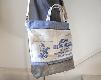 Lumber apron, waxed canvas & herringbone denim tote - vintage Grafton, Ohio - eco vintage fabrics