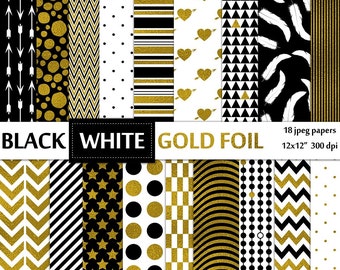 Black white and gold foil digital paper pack - 18 jpeg printable scrapbooking papers, 12x12, 300 dpi - instant download