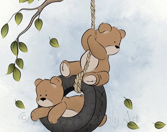 11 x 14 Girls or Boys Room Art Print, Swinging Teddy Bear Decor Childrens Wall Art, Cute Nursery Art (154)