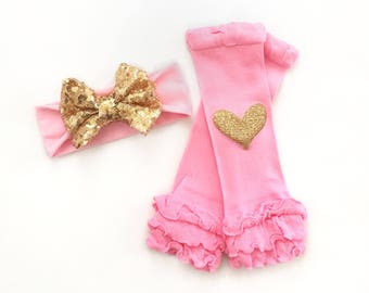 Baby Headband, Pink Headband, Baby Leg Warmers, Baby Girl Leg Warmers, Pink Leg Warmers, Gold Sequin Headband, Leg Warmer Headband Set