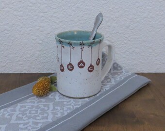 SALE - Mug Cup - Handmade Stoneware Ceramic Pottery - Satin White and Blue Celadon - Holiday Ornaments - 14 ounce
