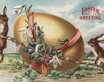 Easter Greetings - Rabbits by a Decorated Egg (Art Print - Multiple Sizes Available)