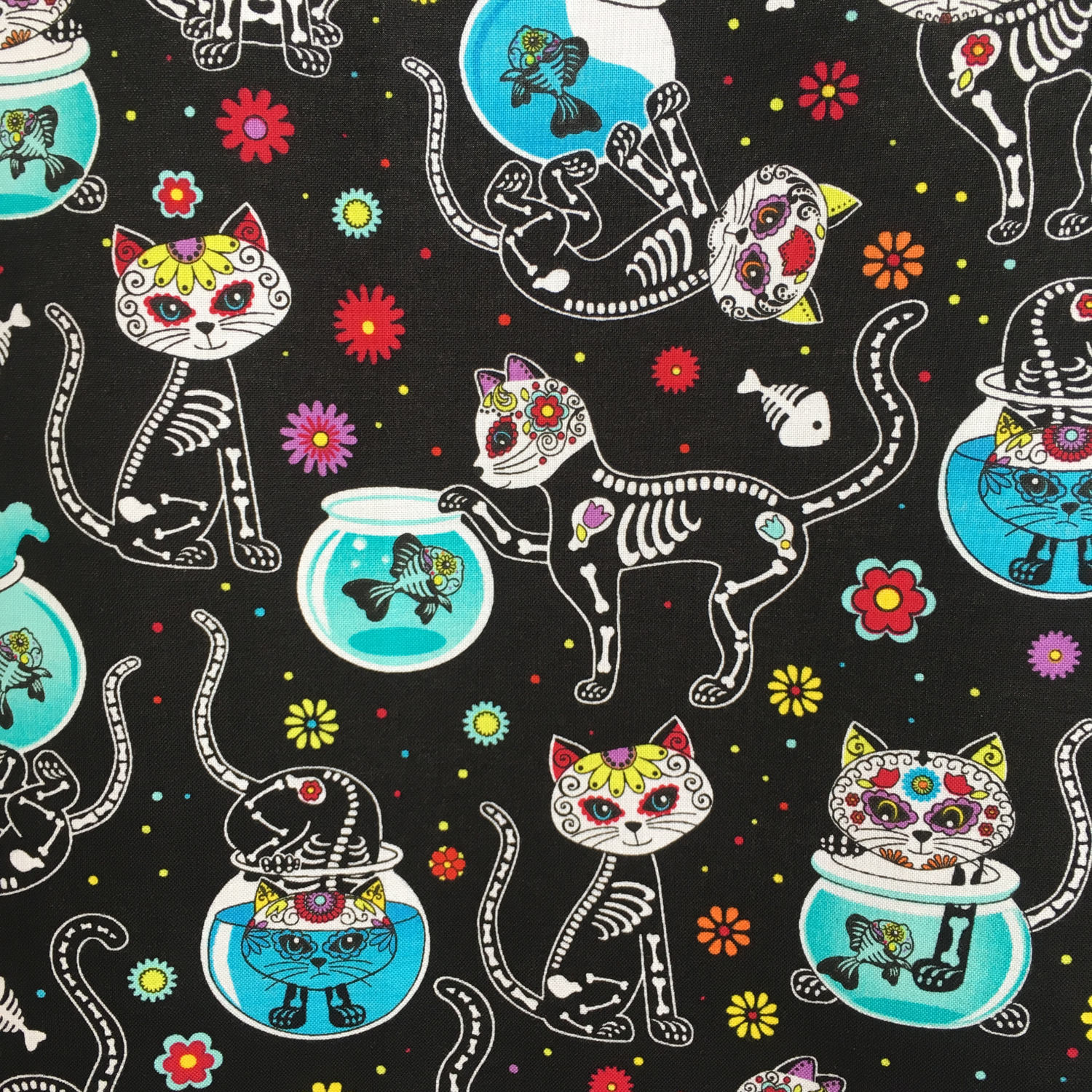 Cat fabric sugar skull skeleton black cat cotton fun cat