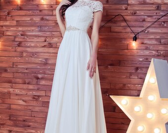 Empire Waist Wedding dress, chiffon wedding dress, Greece dress with sleeves,