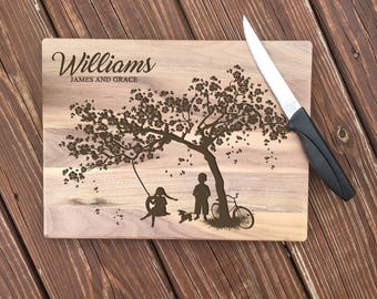 Personalized Wood Cutting Board, Kids on a Swing, Cheese Board, Chopping Block, Gift for the Couple, Bridal Shower, Laser Engraved, Wood
