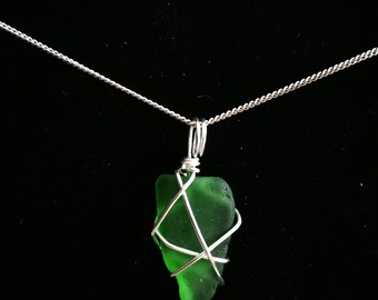 Wire wrapped green sea glass pendant