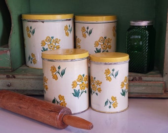 Vintage Canister Set ~ Nesting Tins ~ Set of Four ~ Yellow, Off White, & Green ~ Floral Pattern