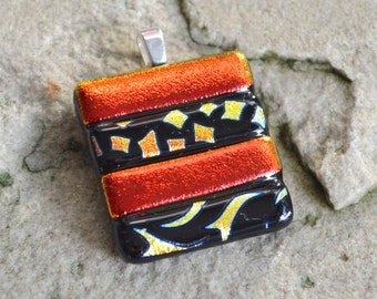 Dichroic Glass Pendant Burnt Orange Metallics and Black Pattern Stripes Square on your Choice of Silver or Gold Bail or Brooch - Gift Boxed