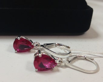 Beautiful 3ct Pear Cut Ruby Earrings Sterling Silver Drop Dangle Leverback Fine Jewelry Trends Red Ruby Teardrop July Mom Wife Lady Gift