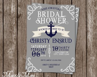 Nautical Bridal Shower Invitation, Cruise Themed Invitation, Anchor Invite, Wedding Shower, Message In A Bottle Tag, Digital, Printable