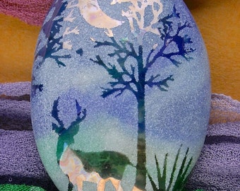Lampwork Glass Beads SRA "Misty Evening Deer" Handmade Sandblasted Iridescent Watercolour Lustre Glass Oval Focal Bead ~ True Blue