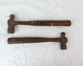 Two Antique Hammers- Wooden Handles- Tack Hammers- Aged- Red Paint- Rustic Decor- Cabin Lake House- Tool Man Gift- Vintage