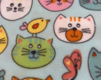RaToob, Pretty Kitties in Green Orange White Yellow Blue and Pink with Butterflies and Birdies on Light Blue