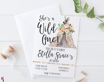First Birthday Invitation - Shes A Wild One Birthday Invite - Boho Birthday Invitation - Tribal Birthday Invite - Baby Girls First Birthday
