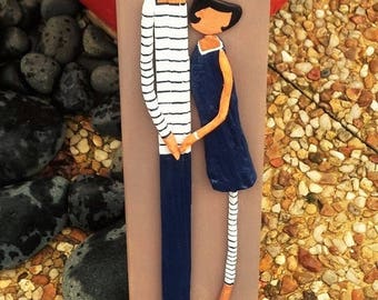 Painting on wood "Les amoureux" Driftwood acrylic sea vacation sailor sea wood edge painted blue