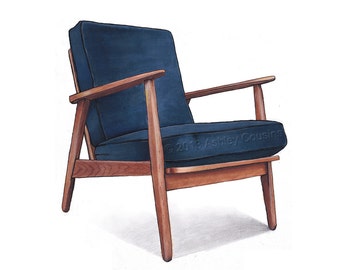Mid Century Modern Danish Teak Chair Drawing, Navy Blue - 8x10