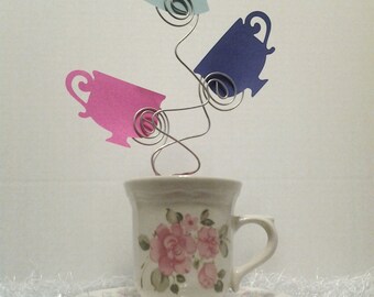 Beautiful Pink Flower China Tea Cup with Saucer Clip Wire Holders, Message Holder, Photo Clip Wire Holder, Memo Holder, Recipe Holder