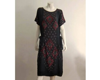 1920s Silk Dress / 20s Silk Flapper Dress / Beaded Silk Flapper Dress / Medium Large