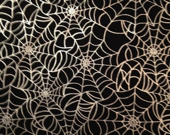 Silver Metallic Spider Webs on Black Background by RTC Fabrics, 100% Cotton