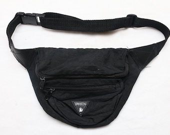 Rare 90's Vintage "SASSON" Black Nylon 3-Pocket Fanny Pack