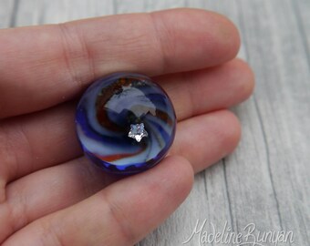 Vortex Marble, with floating star, unusual gift, collectible glass art, sphere, lampwork, blue, orange, gold, 1"