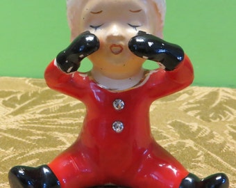 Hand Painted 1950's Red Christmas Crying Elf Baby Pixie Made In Japan Figurine - Free Shipping
