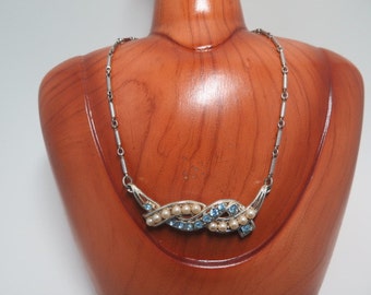 Coro Light Blue Rhinestone and Faux Pearl Necklace