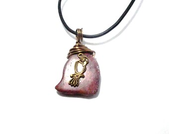 Oxidized Brass Parrot Bird Charm on Red Sea Sediment Jasper Pendant Necklace