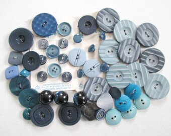 50 Blue Buttons Plastic Estate Lot Vintage Some on Cards
