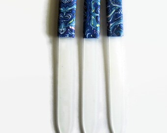 Czech Crystal Nail File, Medium Glass Nailfile, Blue with White and Pink Decorative Elements // gifts for her // bridesmaids gifts //