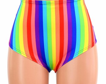 High Waist "Siren" Hot Pants in Vertical Rainbow Stripe Print Spandex Rave Festival Clubwear Bright Pride Parade - 154657