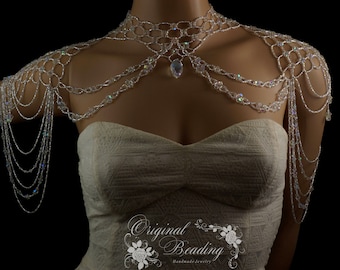 Celestial crystal silver Czech glass beaded bridal shoulder necklace. vintage crystal statement shoulder necklace. bridal body jewelry