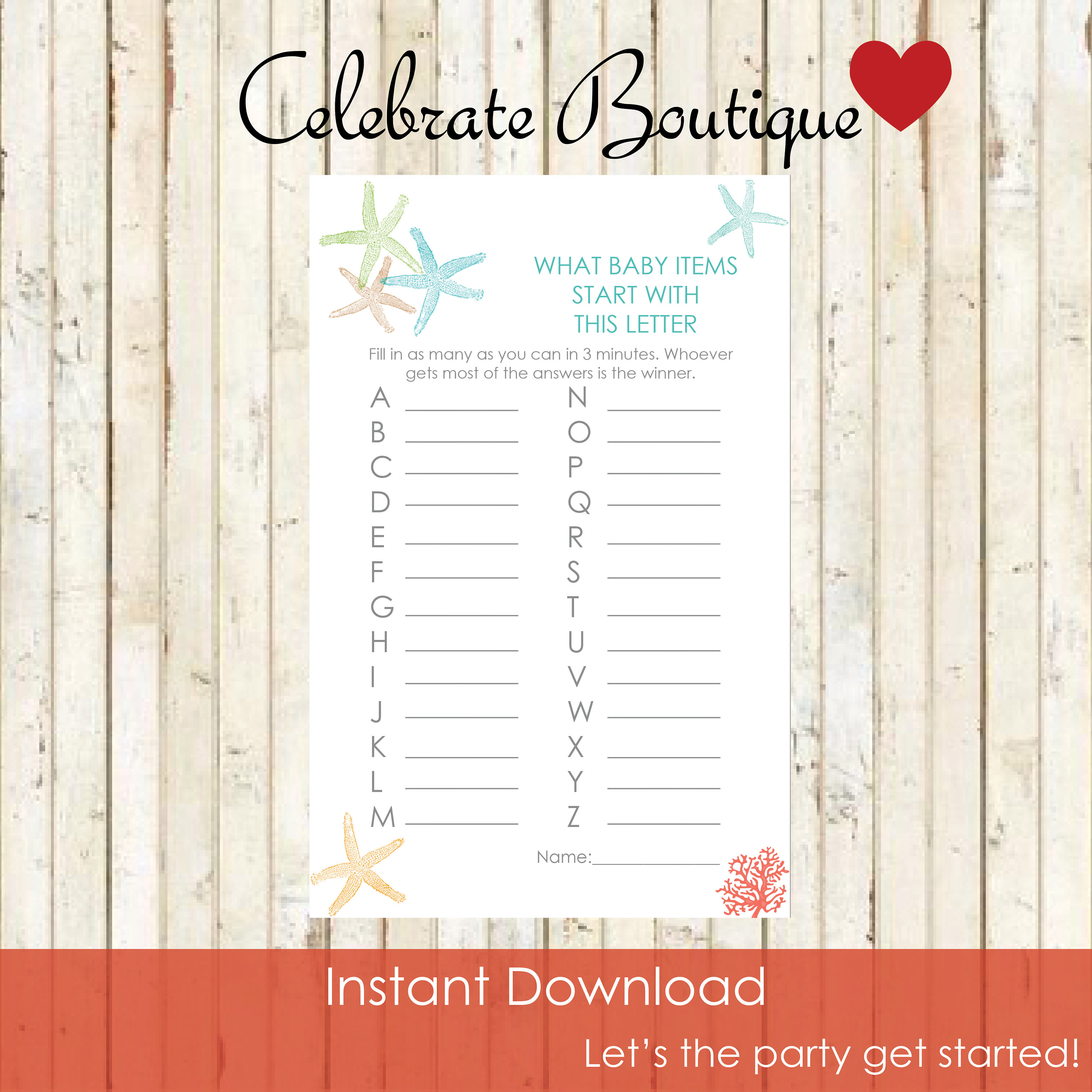 Beach Baby Shower Instant Download What Baby Items start with