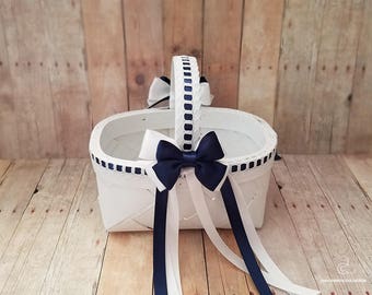 Flower Girl Basket, White Navy Blue Flower Basket, Wedding Flower Basket, wedding decoration, Rustic Wedding, Flower Basket