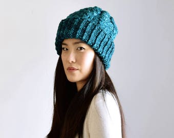 Teal Cable Knit Hat Slouchy Beanie, Merino Wool Hat, Knit Accessories