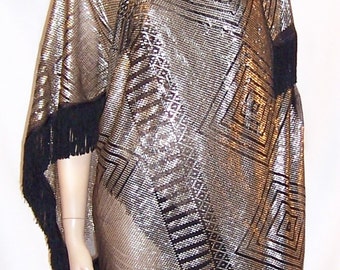 1920's Silver on Black Net, Substantial Assuit Shawl with Fringe