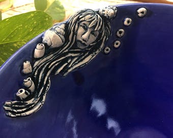 Handmade Mermaid Sculpture Bowl Cobalt Blue