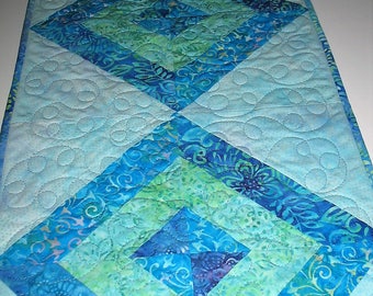 Batik Table Runner, blue, handmade, quilted, green, purple
